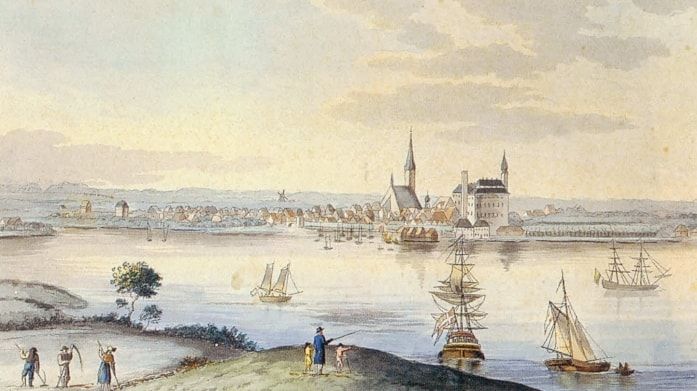 Kiel, Stadtansicht von Ost, um 1800. C.F.J. Bünsow (1745-1824)